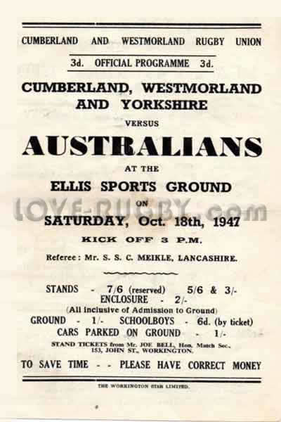 1947 Cumberland and Yorkshire v Australia  Rugby Programme